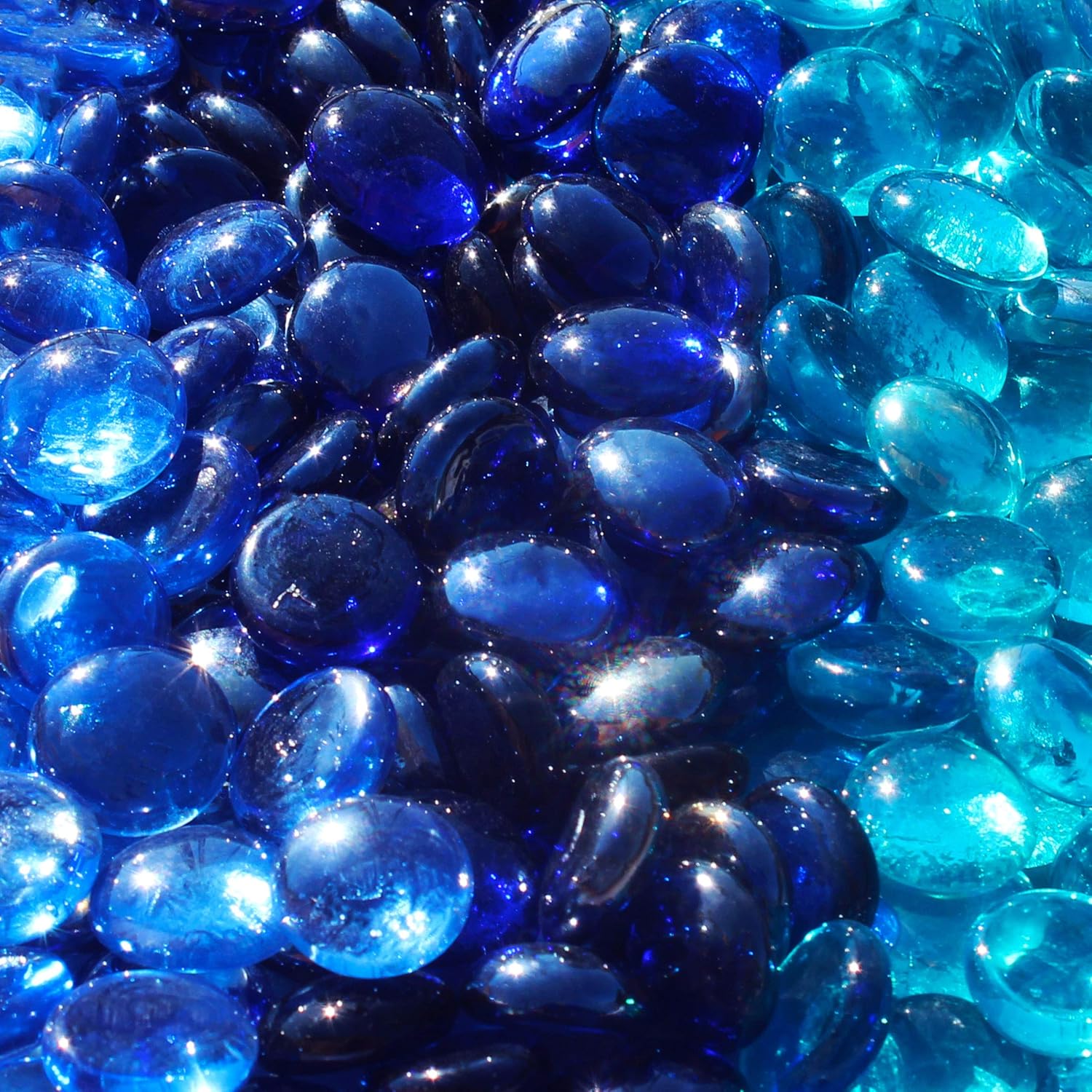 Reflective Fire Pit Glass Beads - Professional Grade Fire Glass for Fire Pit - 3/4" Firepit Glass Rock - Glass Stones - Fireplace Glass (20 Pound, Light Blue, Aqua Blue, Dark Blue)