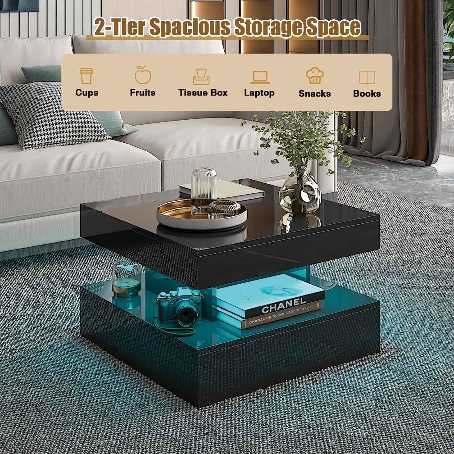 Small Black Led Coffee Table for Living Room, 23.6" Wood Square 2-Tier Storage Modern Center Table, Modern High Glossy Wooden Coffee Tables for Small Space