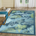 Liora Manne Marina Indoor/Outdoor Power Loomed Synthetic Blend Low Profile Area Rug - Transitional Border Botanical Beach Colorful (Coral Garden Lapis) (6'6" x 9'4")