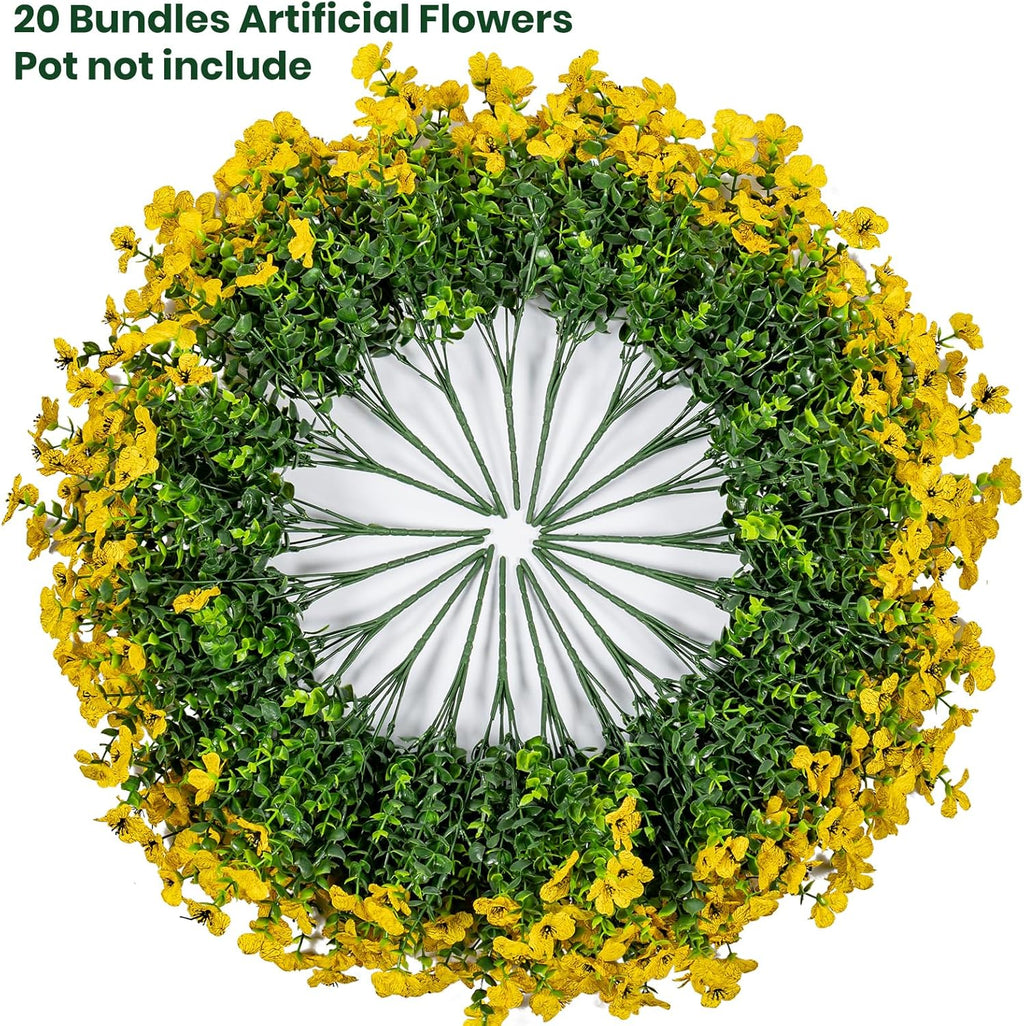 20 Bundles Artificial Flowers for Outdoor Fake Plants for Spring Decoration,Faux Eucalyptus Flowers for Planter UV Resistant Lifelike for Home Porch Garden（Yellow）