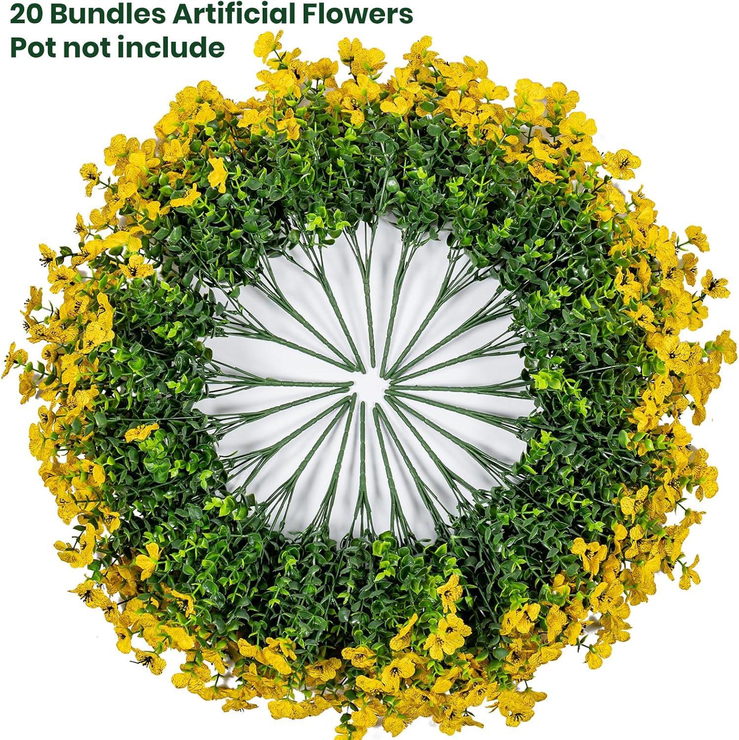 20 Bundles Artificial Flowers for Outdoor Fake Plants for Spring Decoration,Faux Eucalyptus Flowers for Planter UV Resistant Lifelike for Home Porch Garden（Yellow）