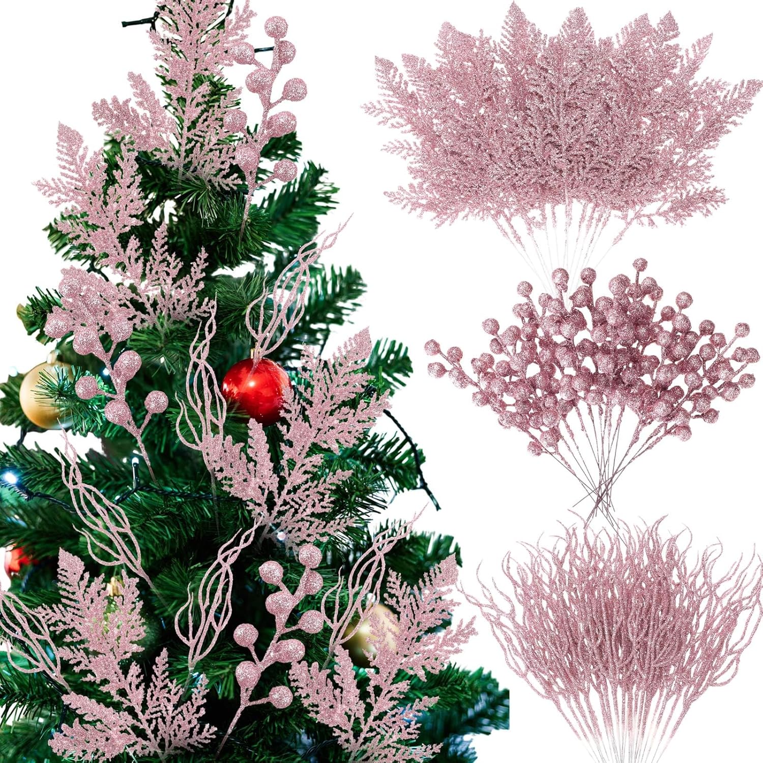 75 Pcs Christmas Glitter Branches 3 Styles Artificial Christmas Picks Berries Stems Pine Needles Floral Twig Spray for Xmas Tree Ornaments DIY Wreath Garland(Light Pink)