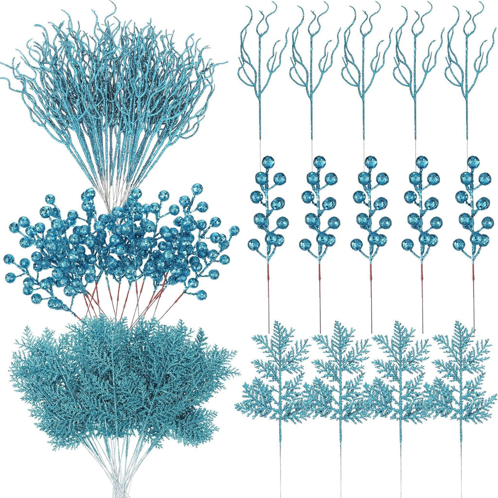 75 Pcs Christmas Glitter Branches 3 Styles Artificial Christmas Picks Berries Stems Pine Needles Floral Twig Spray for Xmas Tree Ornaments DIY Wreath Garland(Light Blue)