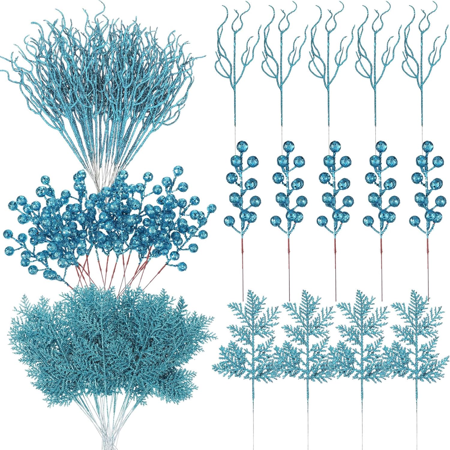 75 Pcs Christmas Glitter Branches 3 Styles Artificial Christmas Picks Berries Stems Pine Needles Floral Twig Spray for Xmas Tree Ornaments DIY Wreath Garland(Light Blue)