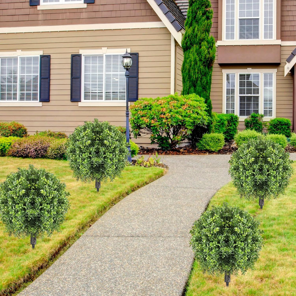 4 Pcs Artificial Boxwood Topiary Ball Bush 26" Tree UV Resistant with Spike Easy to Push in The Ground Fake Boxwood Plants Faux Greenery Shrubs for Indoor Outdoor Home Garden (Light Green)