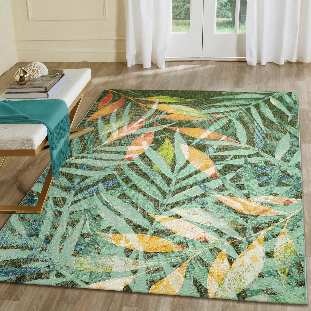 Liora Manne Marina Indoor/Outdoor Power Loomed Synthetic Blend Low Profile Area Rug - Contemporary Graphic Botanical Floral Colorful (Leaves Blue) (3'3" x 4'11")