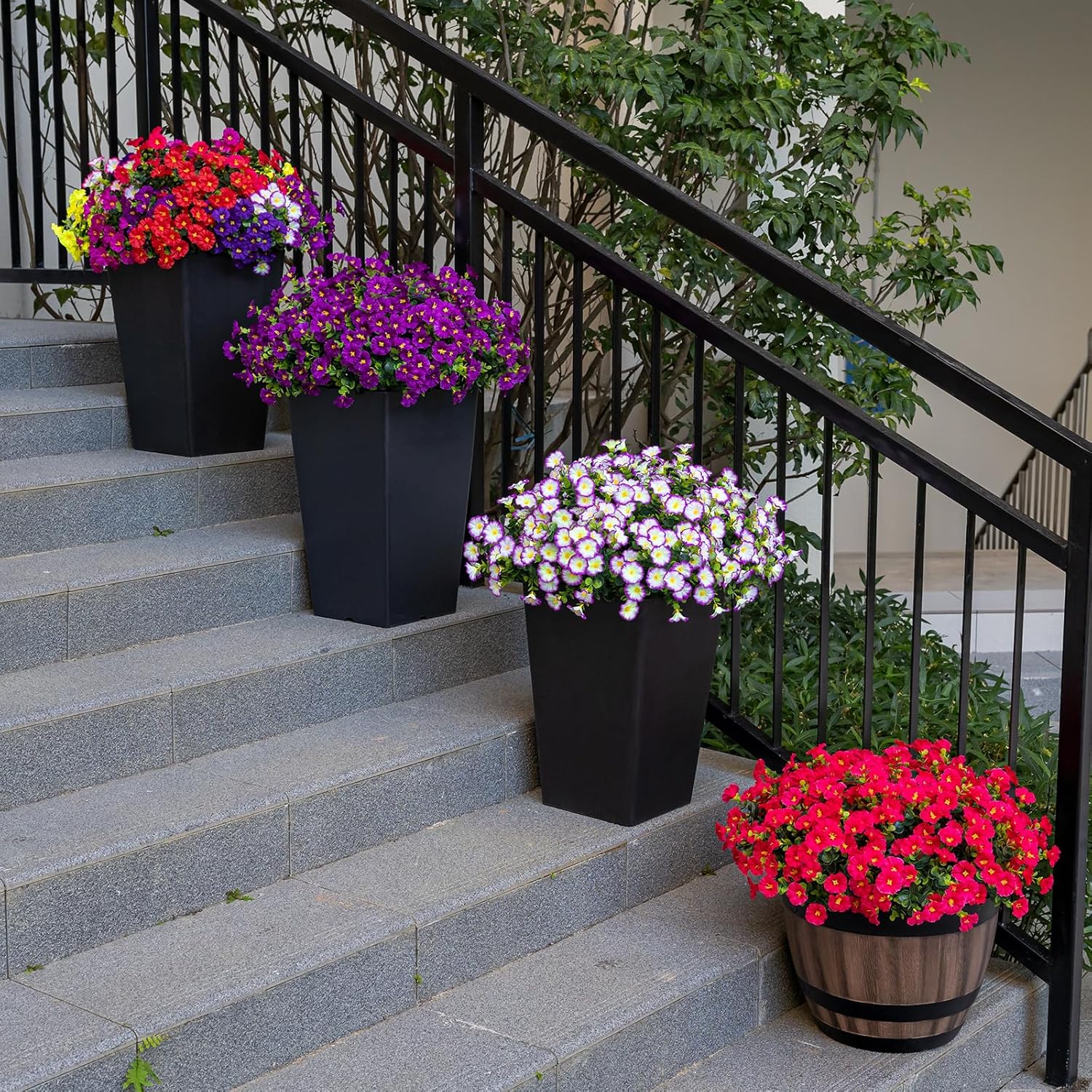 Artificial Faux Flowers for Outdoor 16 Bundles Boxwood Fake Morning Glory for Planter,UV Resistant Fake Flowers for Home Porch Patio Outside（Purple/White）
