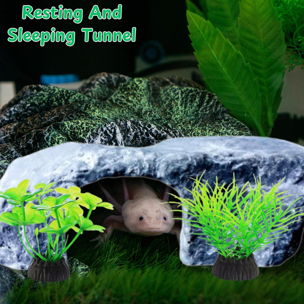 Axolotl Tank Accessories - Aquarium Tortoise Hideout, Hides and Fake Water Plants Set, Cave Plastic Tree, Turtle Hideout, Fish Tank Decor (Stone, M)