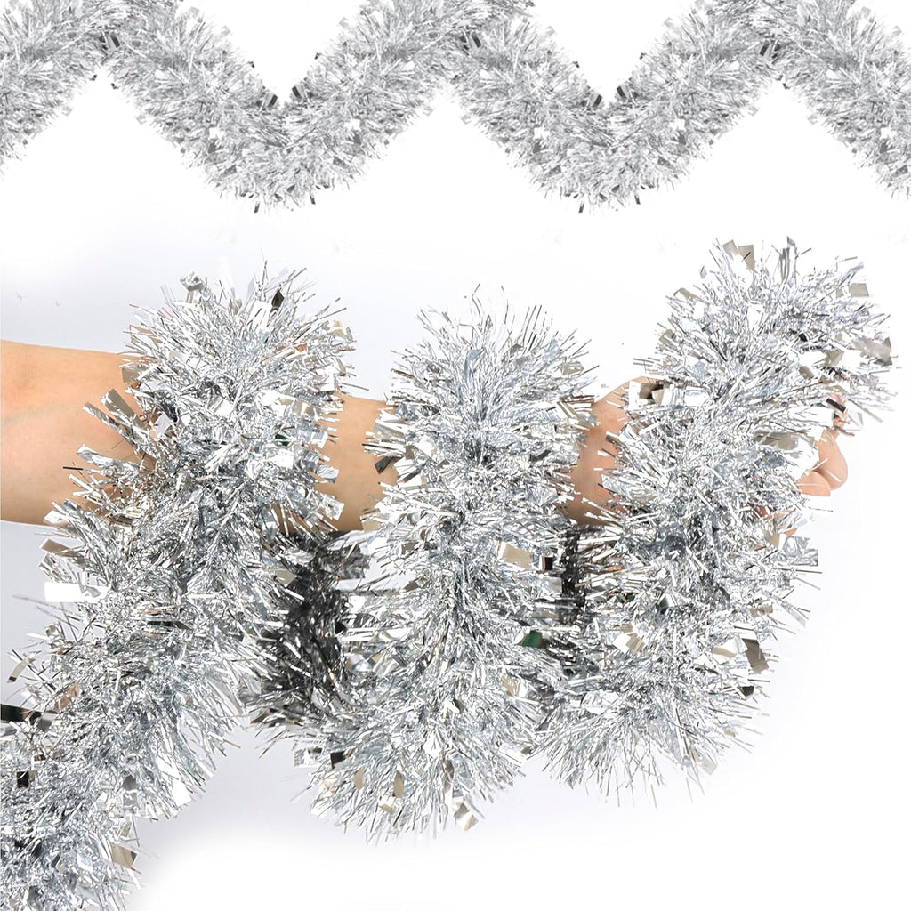 50 Feet Silver Christmas Tinsel Garland Metallic Twist Shiny Hanging Garland for Christmas Tree Decorations Xmas Holiday Decor for Home Indoor Outdoor Party Supplies - Silver