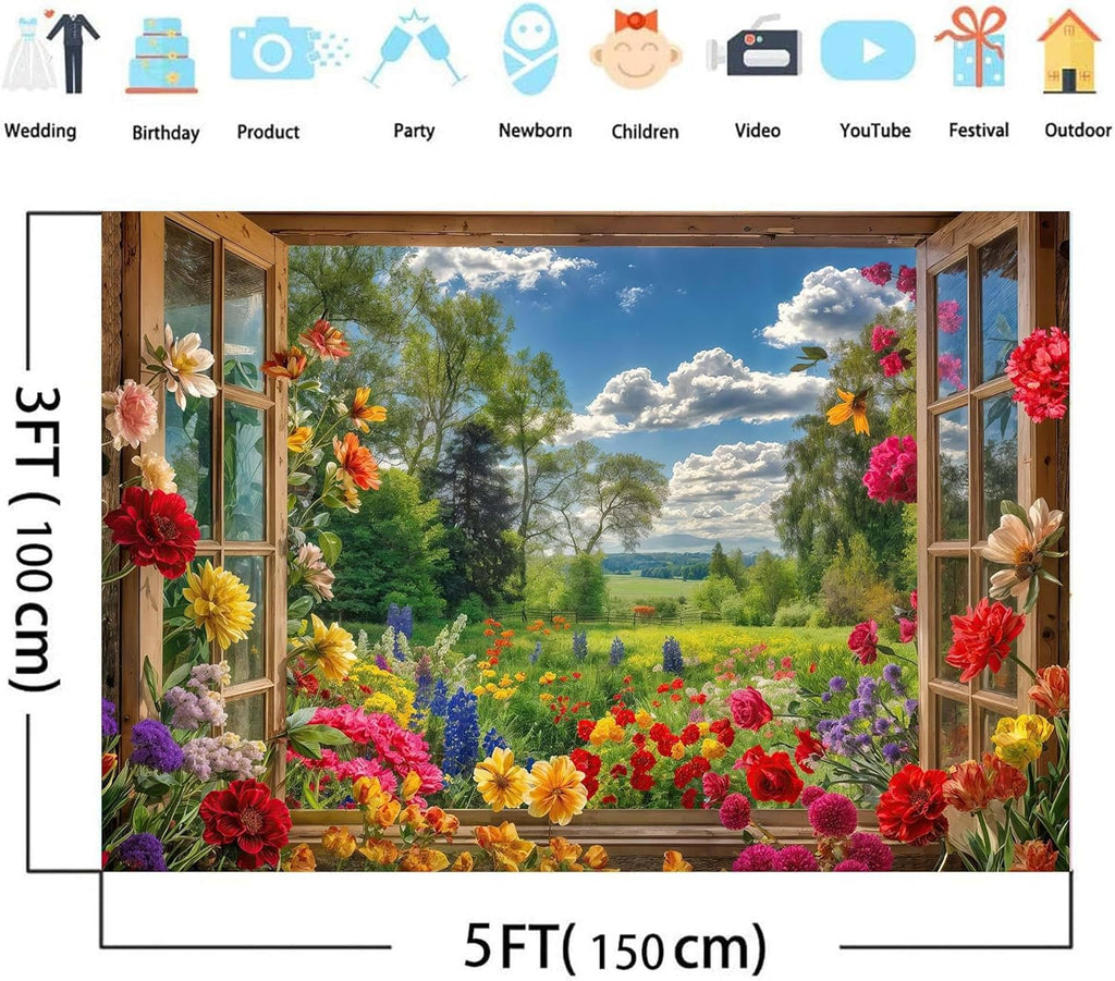 9 x 6 ft Spring Garden Window Floral Backdrop for Photography Floral Nature Summer Landscape Photo Background Blooming Flowers for Portrait Photoshoot Wedding Baby Shower Birthday Party Studio Decor