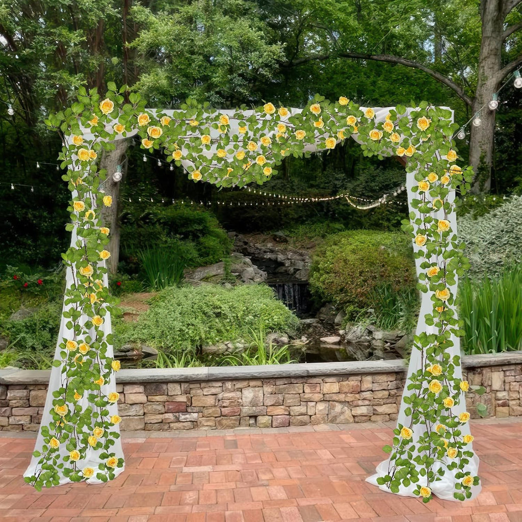 Artificial Roses Vines Flowers Garland Hanging Silk Rose Vine Floral Garland Yellow UV Resistant Realistic Faux Hanging Flowers Plants Fake Ivy Vines for Outdoor Porch Outside Decor Patio Yard