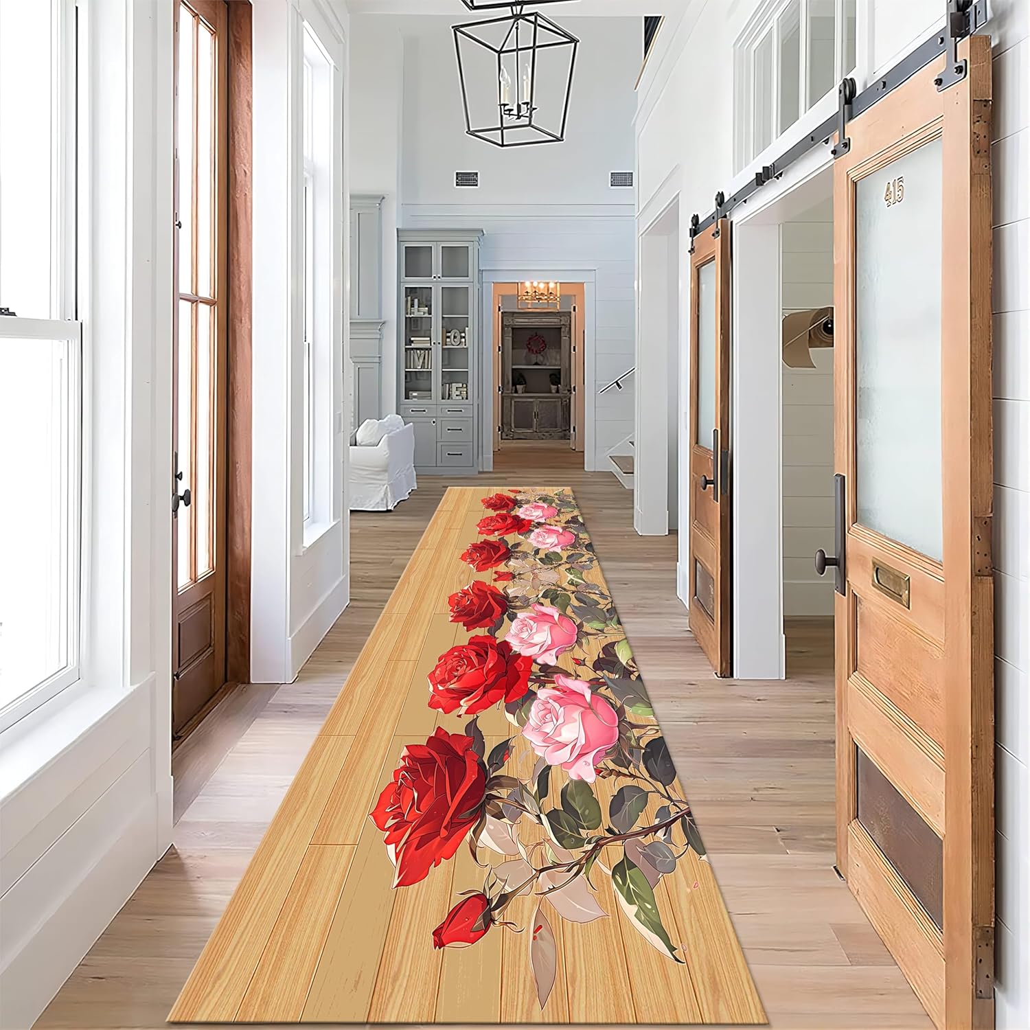Modern Rose Flower Runner Rug, 2.6x7ft, Vintage Wood Board Plant Flower Bedroom Area Rugs, Breathable Reduce Noise Kitchen Rug, Printed Fade Resistant Durable Carpet for Indoor Entry