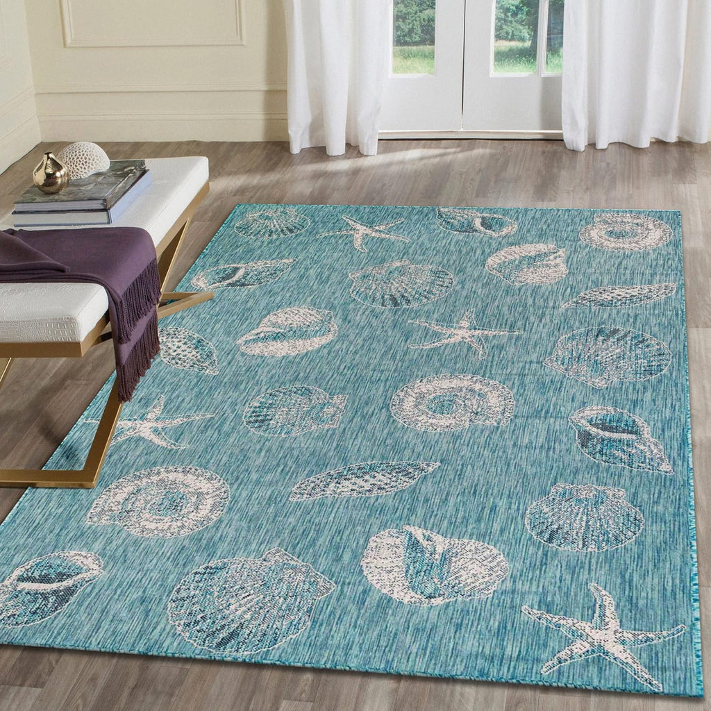 Liora Manne CARMEL Indoor/Outdoor Power Loomed Synthetic Blend Low Profile Area Rug - Transitional Coastal Seashell Decorative (Shells Aqua) (6'6" x 9'4")