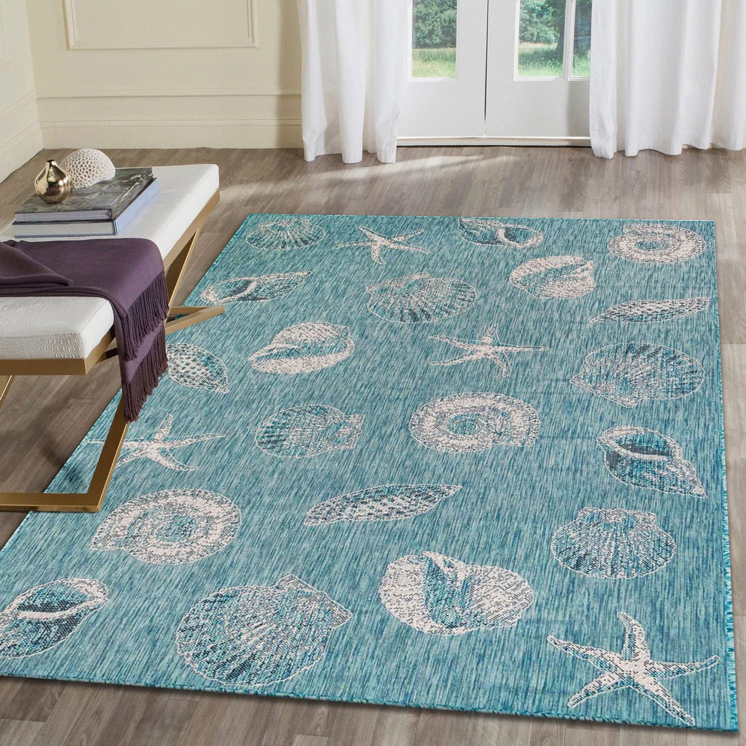Liora Manne CARMEL Indoor/Outdoor Power Loomed Synthetic Blend Low Profile Area Rug - Transitional Coastal Seashell Decorative (Shells Aqua) (6'6" x 9'4")