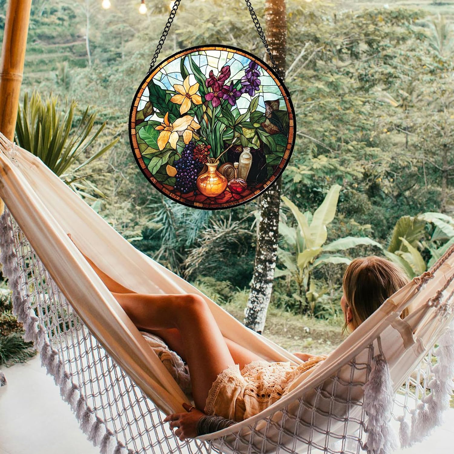 Stained Glass Window Hanging Berry Plant Purple Yellow Flowers in Vase 7.8" - Suncatcher Door Garden Sun Catcher Home Decor Birthday Christmas for Mom Men Woman Nana