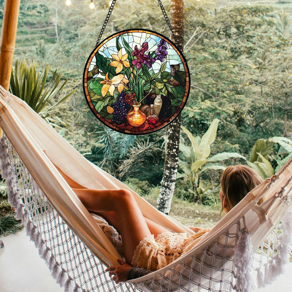 Stained Glass Window Hanging Berry Plant Purple Yellow Flowers in Vase 9.8" - Suncatcher Door Garden Sun Catcher Home Decor Birthday Christmas for Mom Men Woman Nana