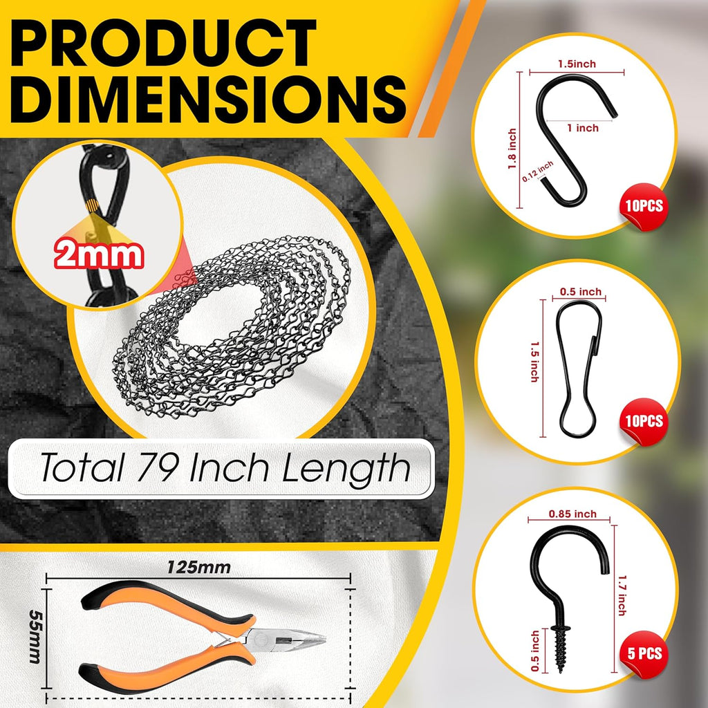 [Upgraded] 79” Black Electroplated Steel Hanging Chain with S-Hooks, Snap Hooks, Ceiling Hooks & Pliers, 33LBS Load Capacity, Adjustable Length for Hanging Bird Feeders, Planters, Lanterns, Billboards