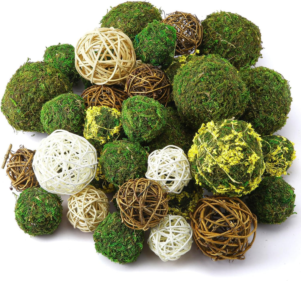 Yunsailing 36 Pcs Moss Decorative Balls for Centerpiece Bowls and Rattan Wicker Balls Handmade Moss Orbs Vase Filler for Garden Wedding Home Christmas Party Decoration(Retro Colors)