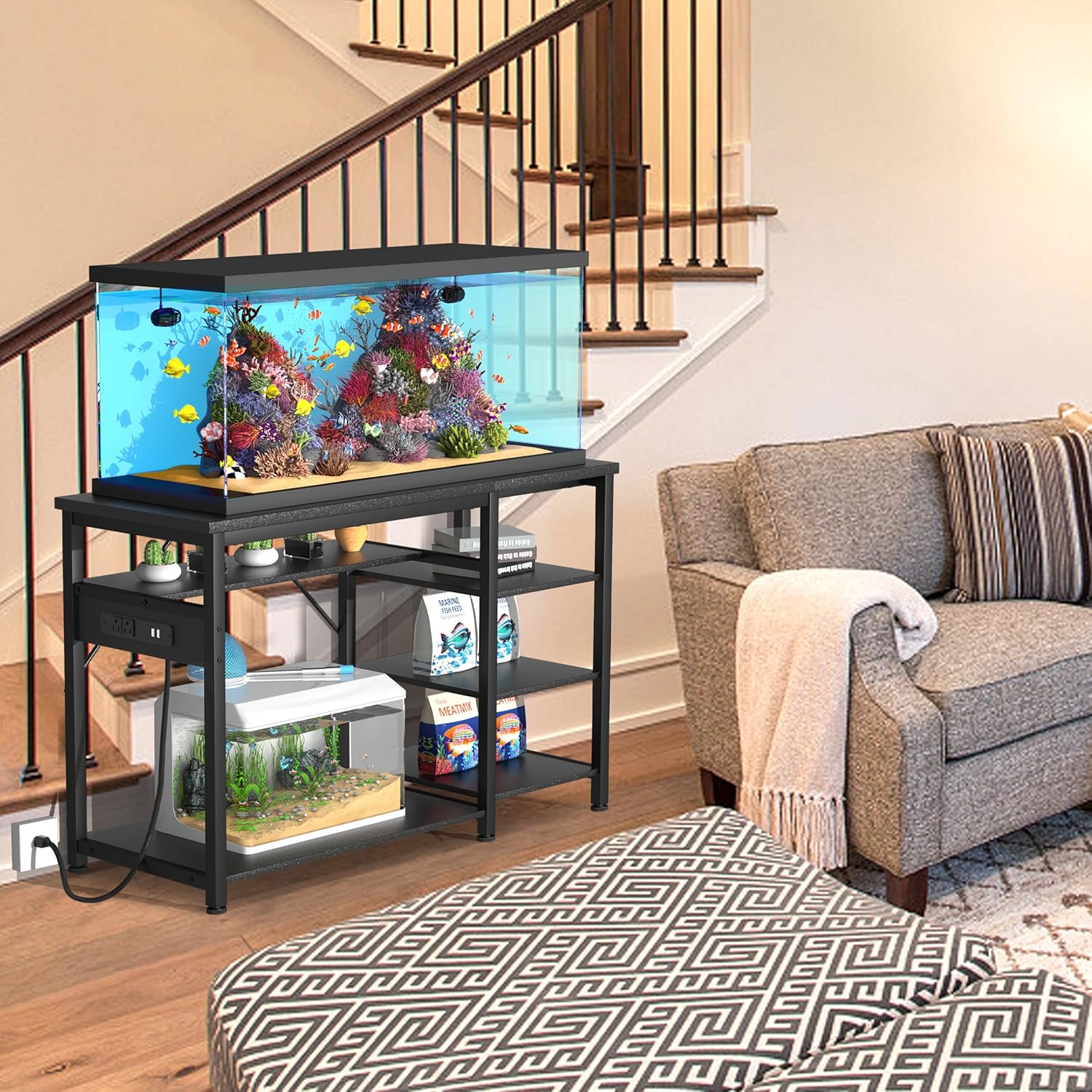 GRLEAF 20-40 Gallon Aquarium Stand: 1000LB Capacity, Built-In Power Outlets, 3-Tier Shelves for Fish Tank Accessories Storage, Heavy-Duty Steel/Wood Hybrid for Fish & Reptile Tanks | Excludes Tank