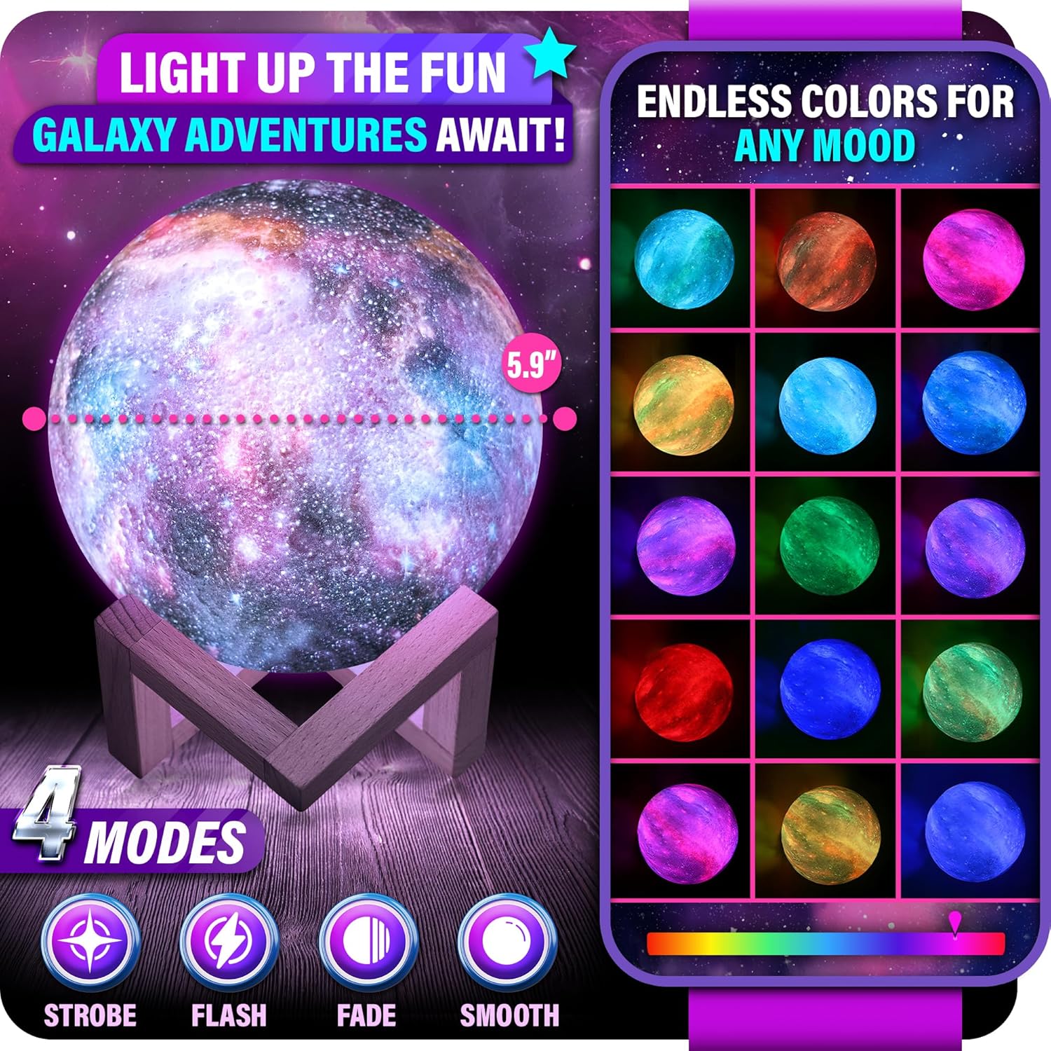 Mind-Glowing Galaxy Moon Lamp with Multi Colors, Touch/Remote, Wood Stand - Teen Girl Room Decor, Trendy Stuff - Christmas Gift for Any Year Old Teenage Girl - Cool Night Light for Kids (5.9 inch)
