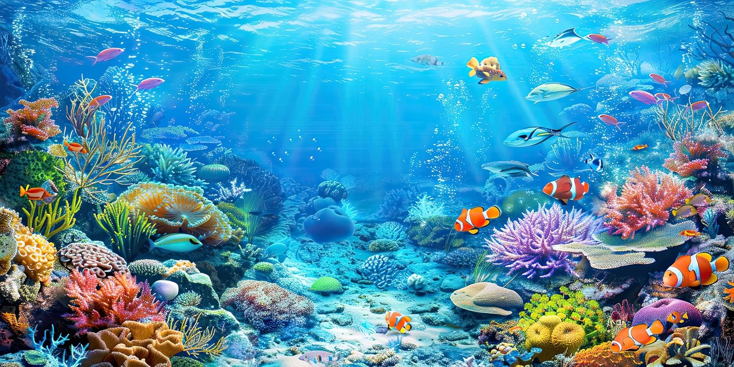 Underwater World Aquarium Background,Seaworld Ocean Floor Tropical Fish Coral Reef Aquatic Nature Plant Fish Tank Backdrop Decor, Polyester Fabric with 6 EVA Double-Sided Tapes 48x24 inches/120x60cm
