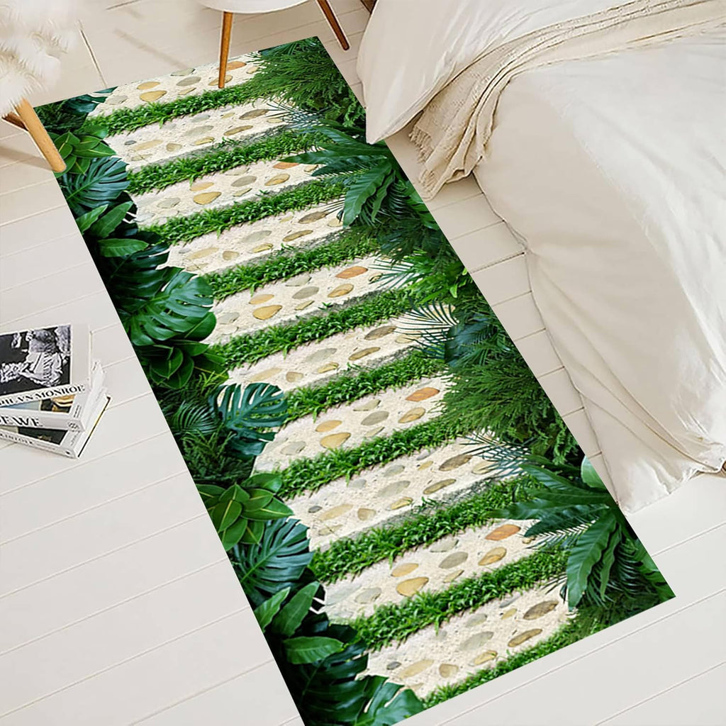 3D Tropical Leaves Rug, 4x12ft, Green Leaf Monstera Platycladus Orientalis Leaves Cobblestone Path Hallway Carpet, Washable Sensory Texture Carpet for Entryway Dining Kitchen