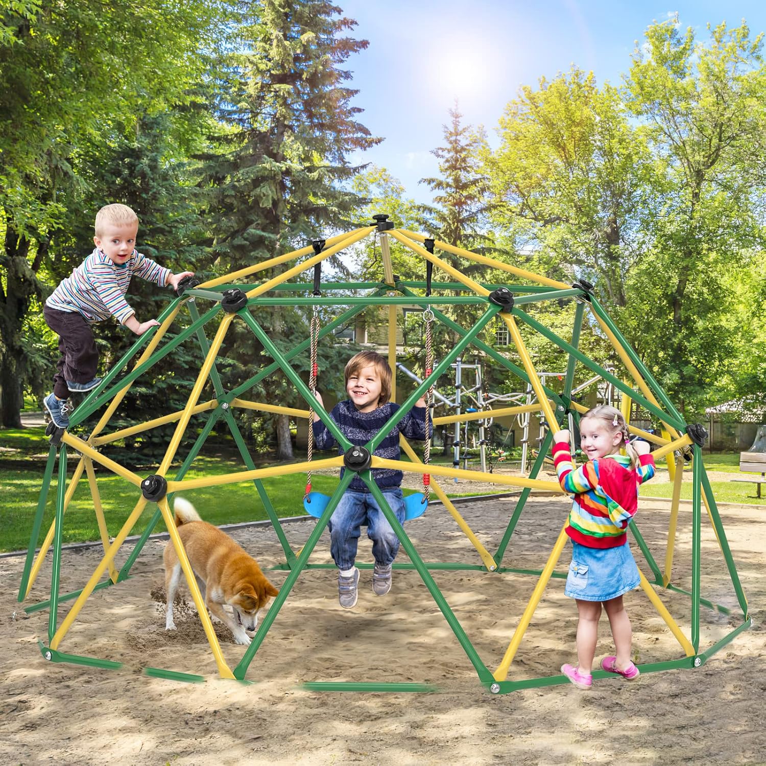 GIKPAL Climbing Dome, 10FT Dome Climber with Hammock for Kids 3 to 10 Outdoor Play Equipment, Supports up to 1000lbs Jungle Gym, Anti-Rust, Easy Assembly, Yellow+Green