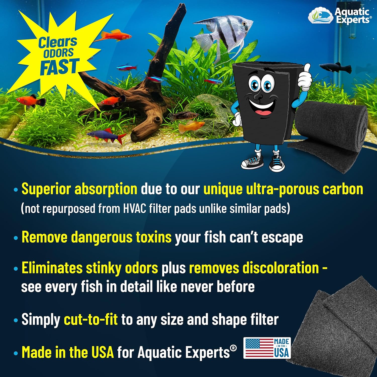 Aquarium Carbon Pad - Cut to Fit Carbon Infused Filter Pad Media for Crystal Clear Fish Tank and Ponds (24 Inch Width, 36 Inch Long)