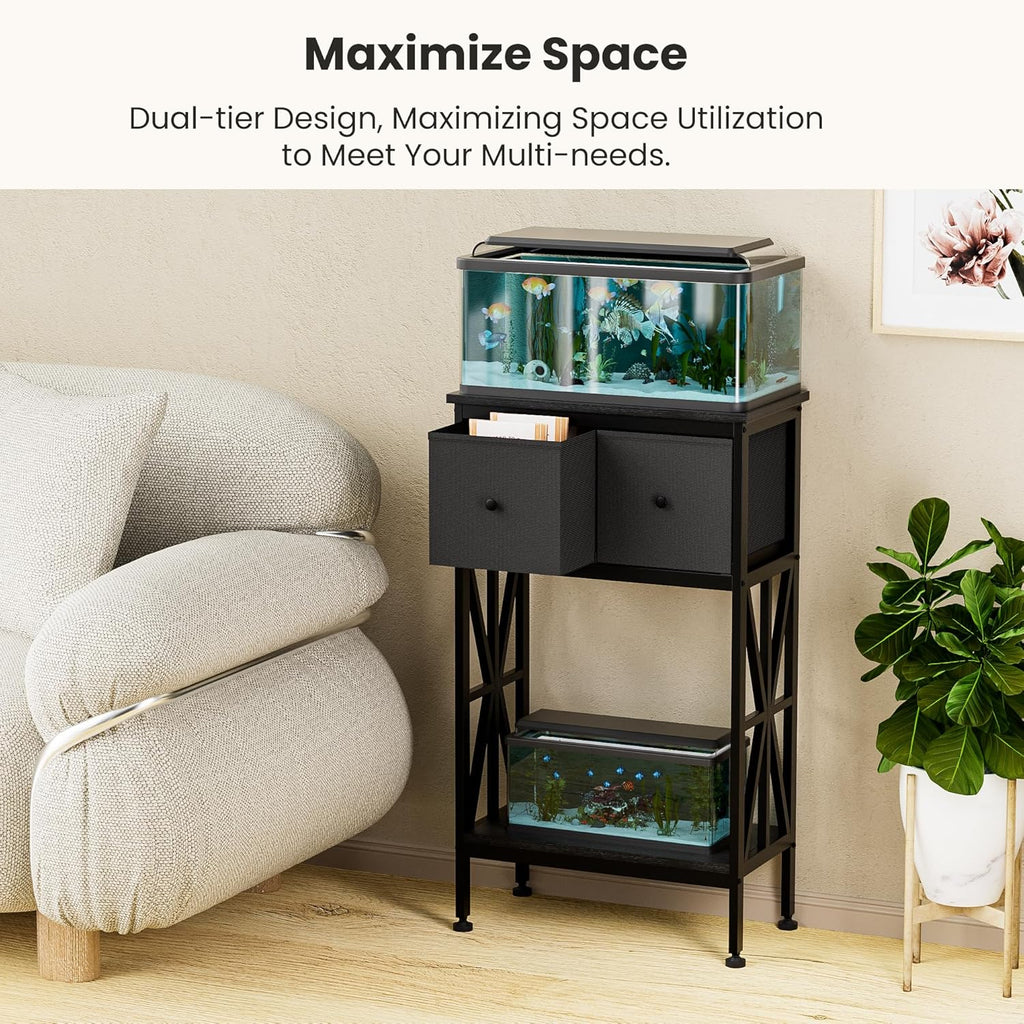 TRZZ 5-10 Gallon Fish Tank Stand, Heavy Duty Aquarium Stand with Dual-Tiered Cabinet, Accessory Storage Solution for Viewing Experience in Home & Office (20.47" L * 11.02" W), Black