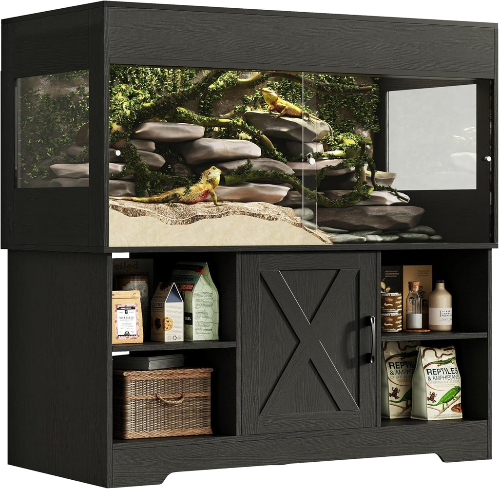 120 Gallon Reptile Tank with Stand, 4x2x2 Terrarium Enclosure for Bearded Dragons, Snakes, Lizards – Sliding Acrylic Doors, Mesh Top, Storage Cabinet, Built-in Power Outlet Black PX01RTB