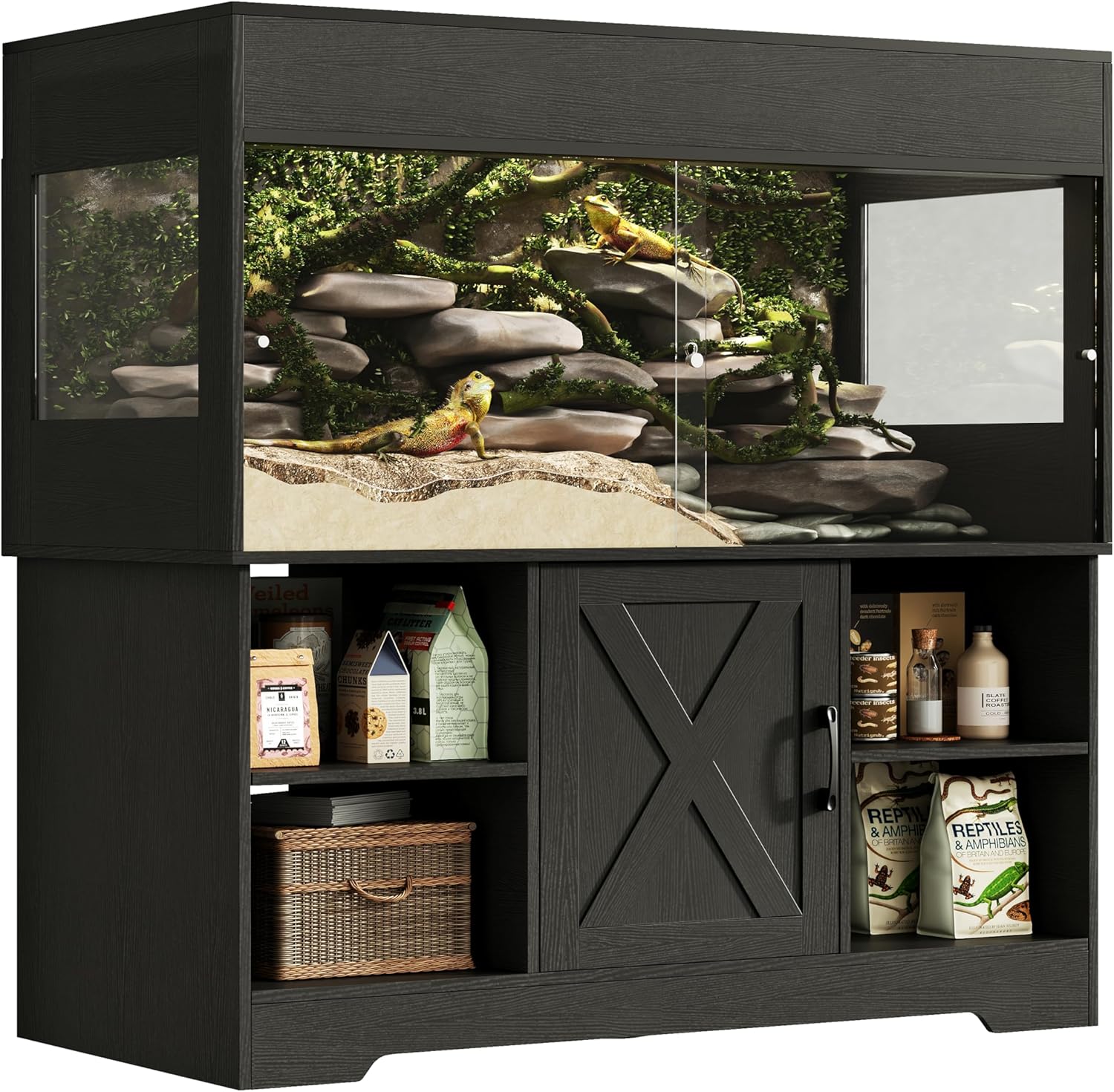 120 Gallon Reptile Tank with Stand, 4x2x2 Terrarium Enclosure for Bearded Dragons, Snakes, Lizards – Sliding Acrylic Doors, Mesh Top, Storage Cabinet, Built-in Power Outlet Black PX01RTB