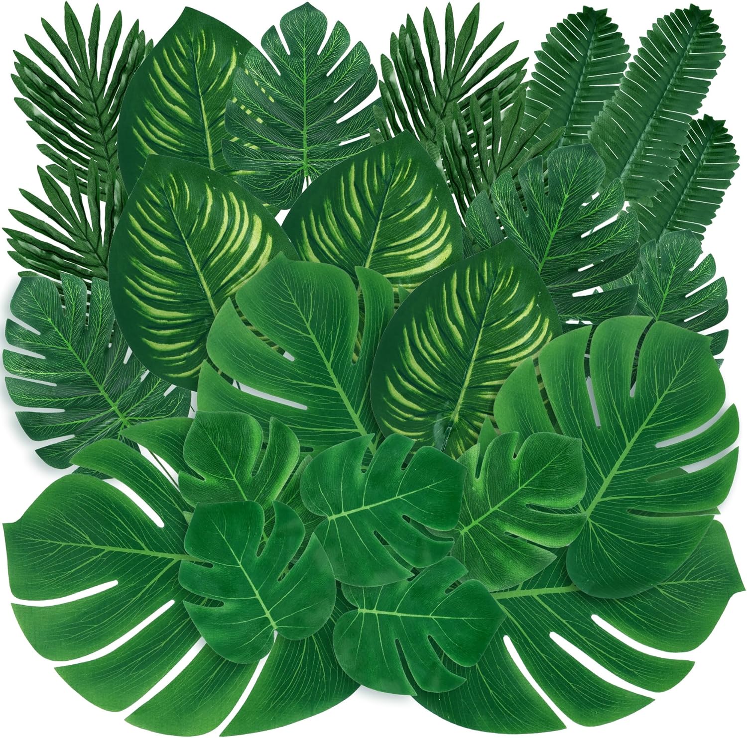 Sggvecsy 56 Pieces 7 Kinds Artificial Tropical Palm Leaves Tropical Leaves Monstera Leaves Safari Jungle Leaf with Stems for Hawaiian Luau Party Beach Table Wedding Shower Birthday Theme Decorations