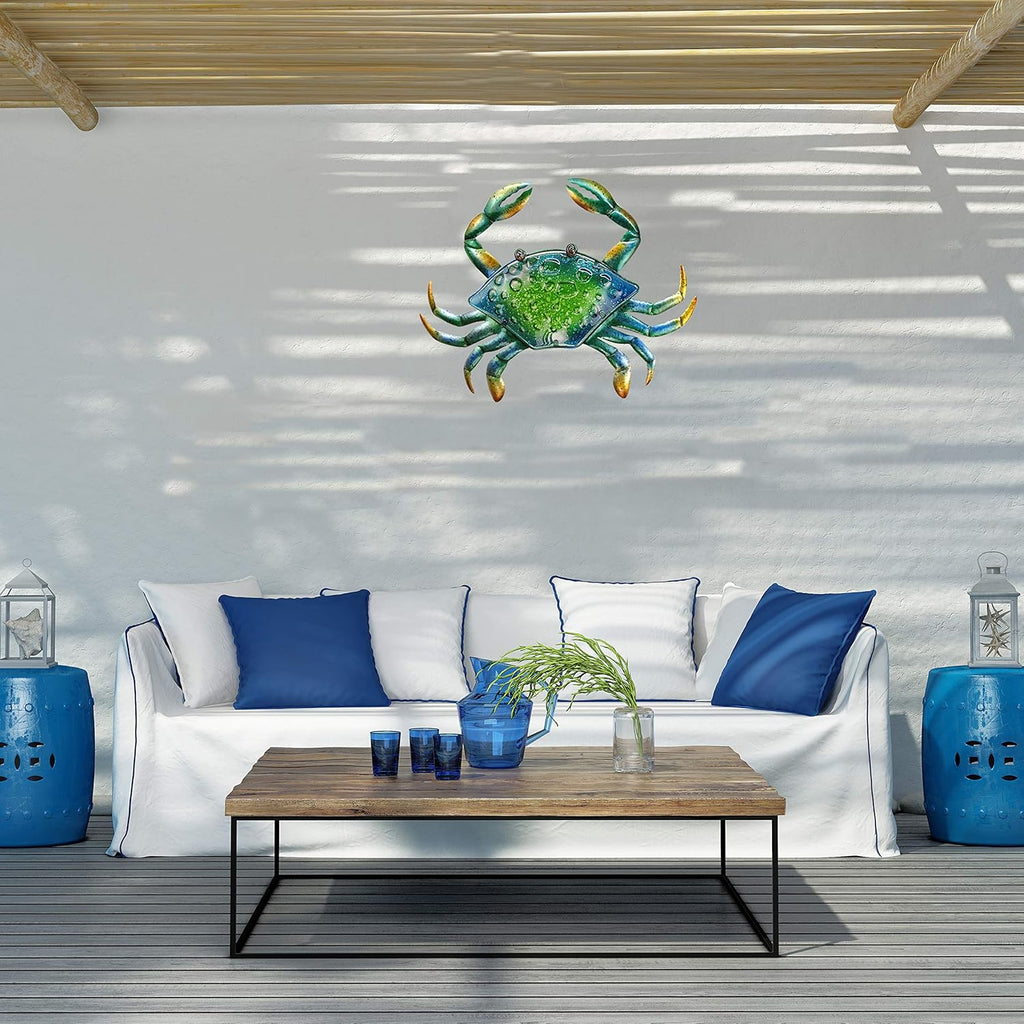 JOYBee 17.2Inch Large Metal Crab Wall Art Decor,Decoration for Outdoor Indoor,Nautical Hanging Art Blue Green Stained Glass with Metal for Garden Pool Patio Balcony Kitchen or Bathroom