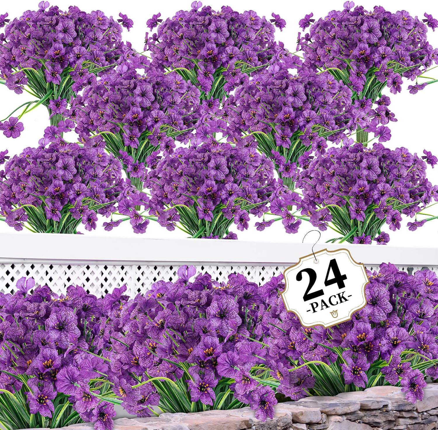 24 Purple Bundles Artificial Flowers for Outdoors/Indoors Fake Flowers Plants for Indoor Outside Garden Porch Window Box Home Wedding Farmhouse