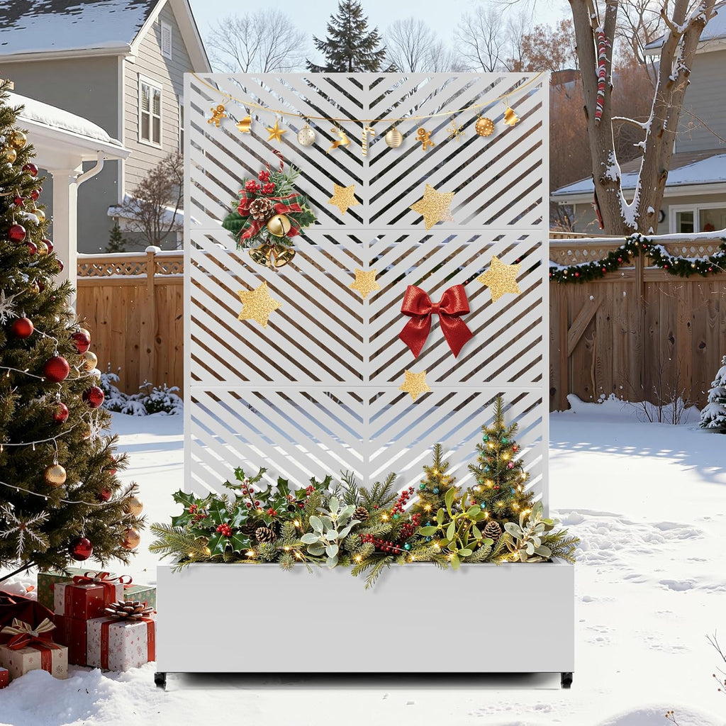 FENCY Metal Raised Garden Bed with Wheels and Trellis,73"x47"x16" Planter Box for Climbing Plants, Vegetables & Vines, Features Privacy Screen and Drainage Holes (White-Arrow)