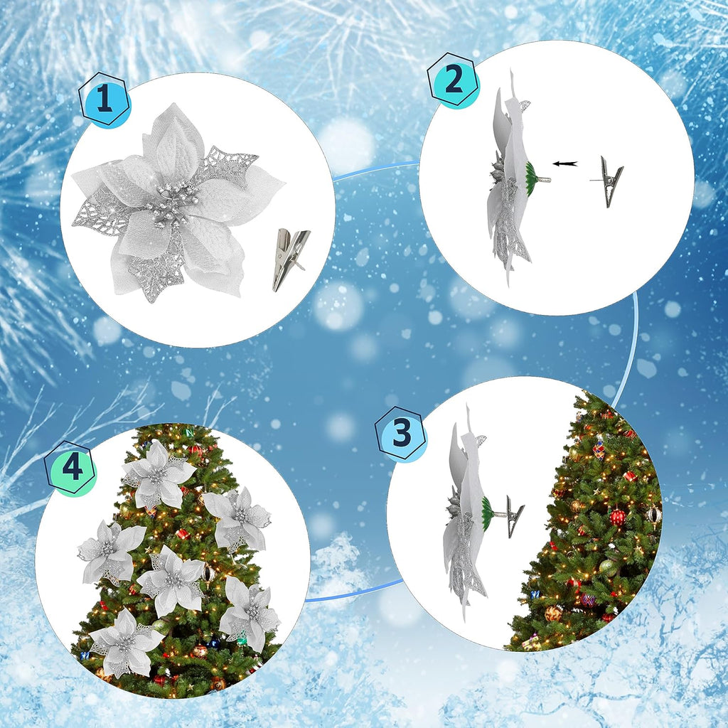 Childom 12 PCS Poinsettia Flower Artificial Poinsettia Christmas Decoration 5.9'' Silver Glitter Poinsettias Christmas Ornaments Xmas Tree Flower Decor with Clips DIY Xmas Wreath Holiday Home Party