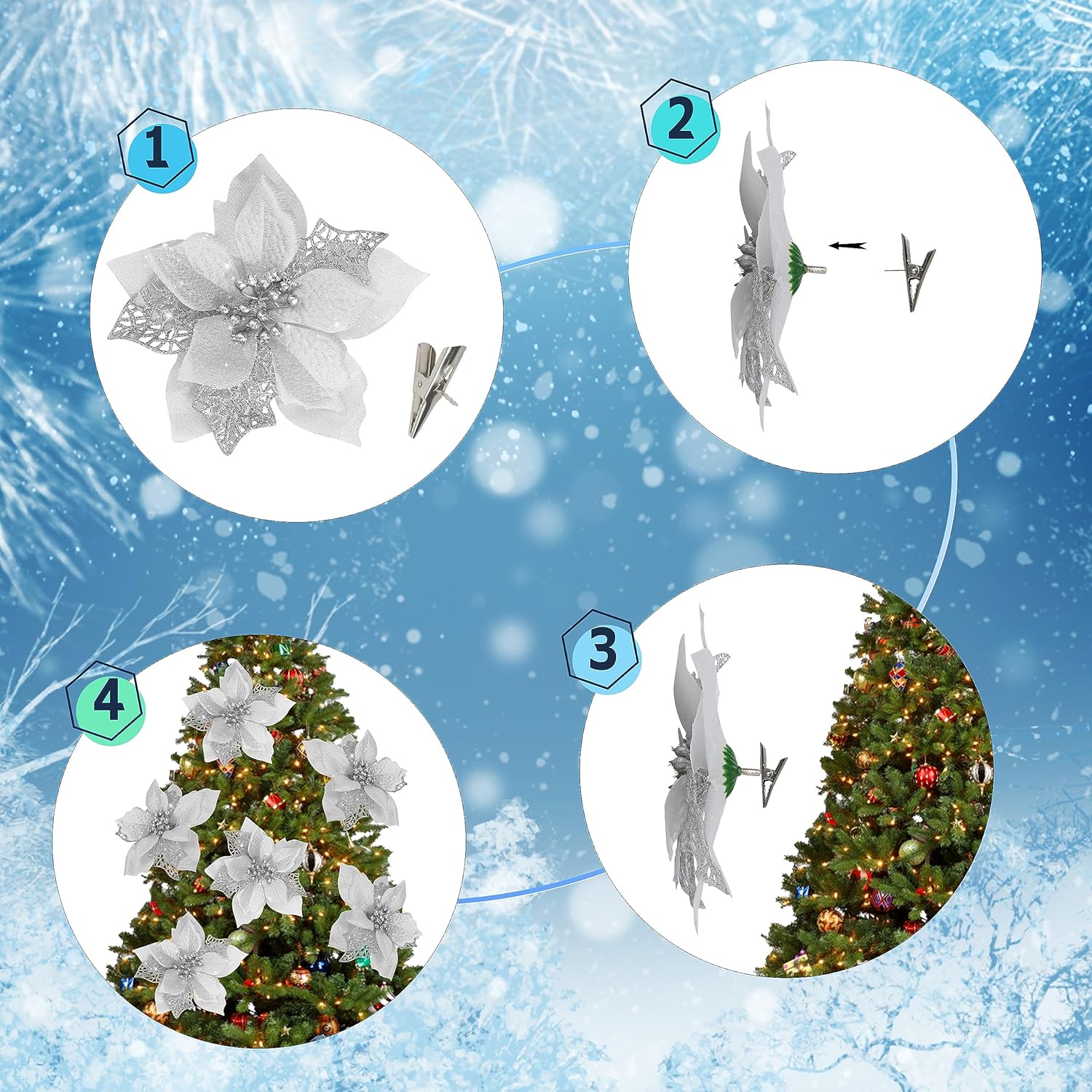 Childom 12 PCS Poinsettia Flower Artificial Poinsettia Christmas Decoration 5.9'' Silver Glitter Poinsettias Christmas Ornaments Xmas Tree Flower Decor with Clips DIY Xmas Wreath Holiday Home Party