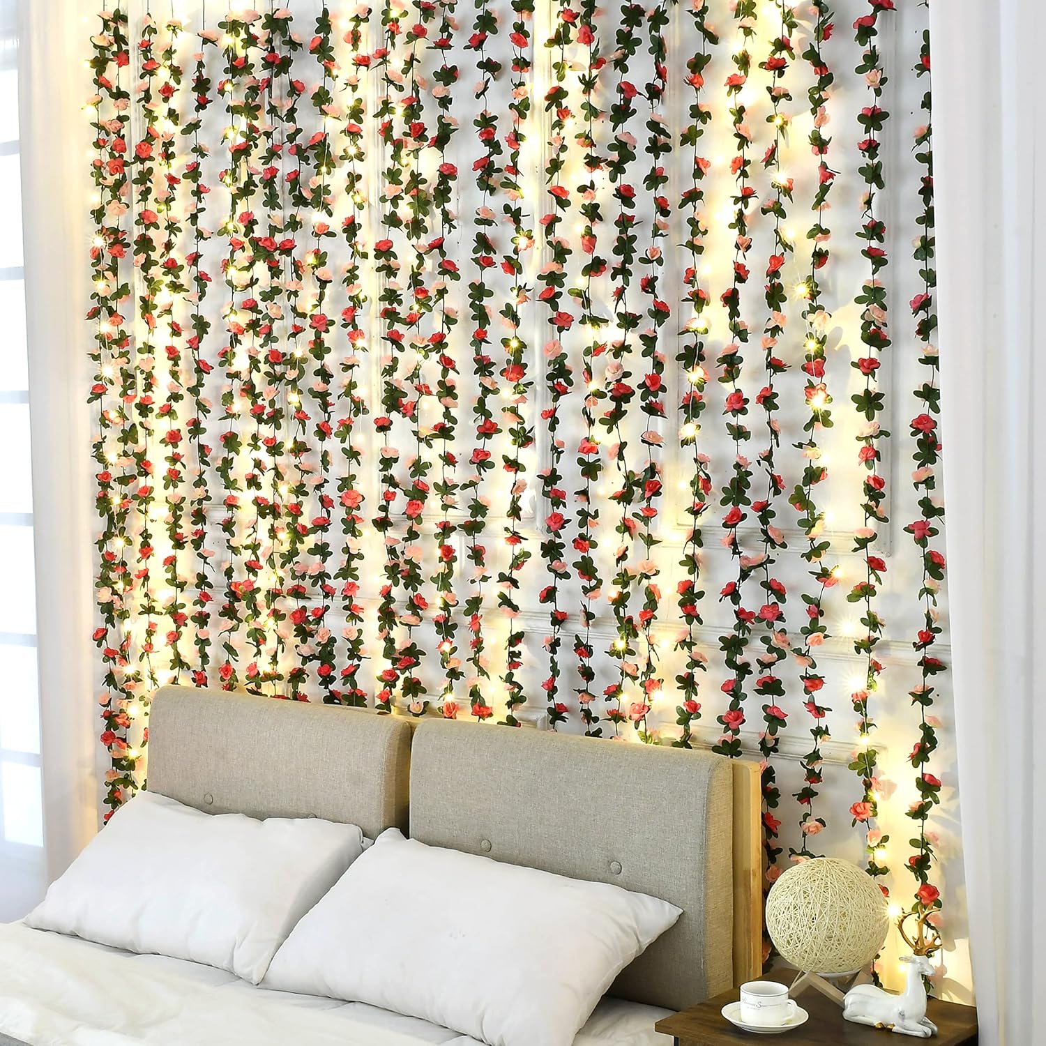 BLEUM CADE 5Pcs 41Ft Flower Garland Artificial Rose Vines with 32.8Ft String Lights, Cute Fake Hanging Flower Vines Floral Garland Decorations for Wedding Party Wall Room Decor Aesthetic