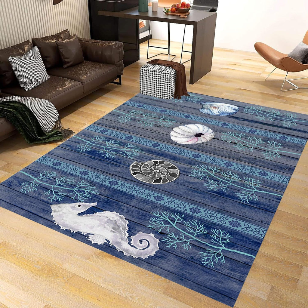 Nautical Living Room Rug, 5x8ft, Ocean Theme Conch Shell Seahorse Indoor Rugs, Beach Waterweed Kitchen Decor Mats, Durable Shed Resistant Cozy Easy Clean Carpet for Bedroom Family