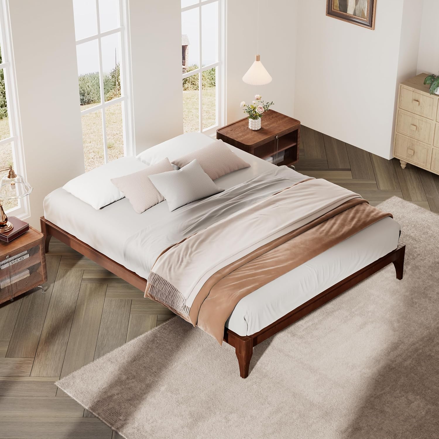 Merax Queen Size Bamboo Wood Platform Bed with No Headboard, Under Bed Storage, Wood Slat Support, No Box Spring Needed, Easy Assembly, Chocolate