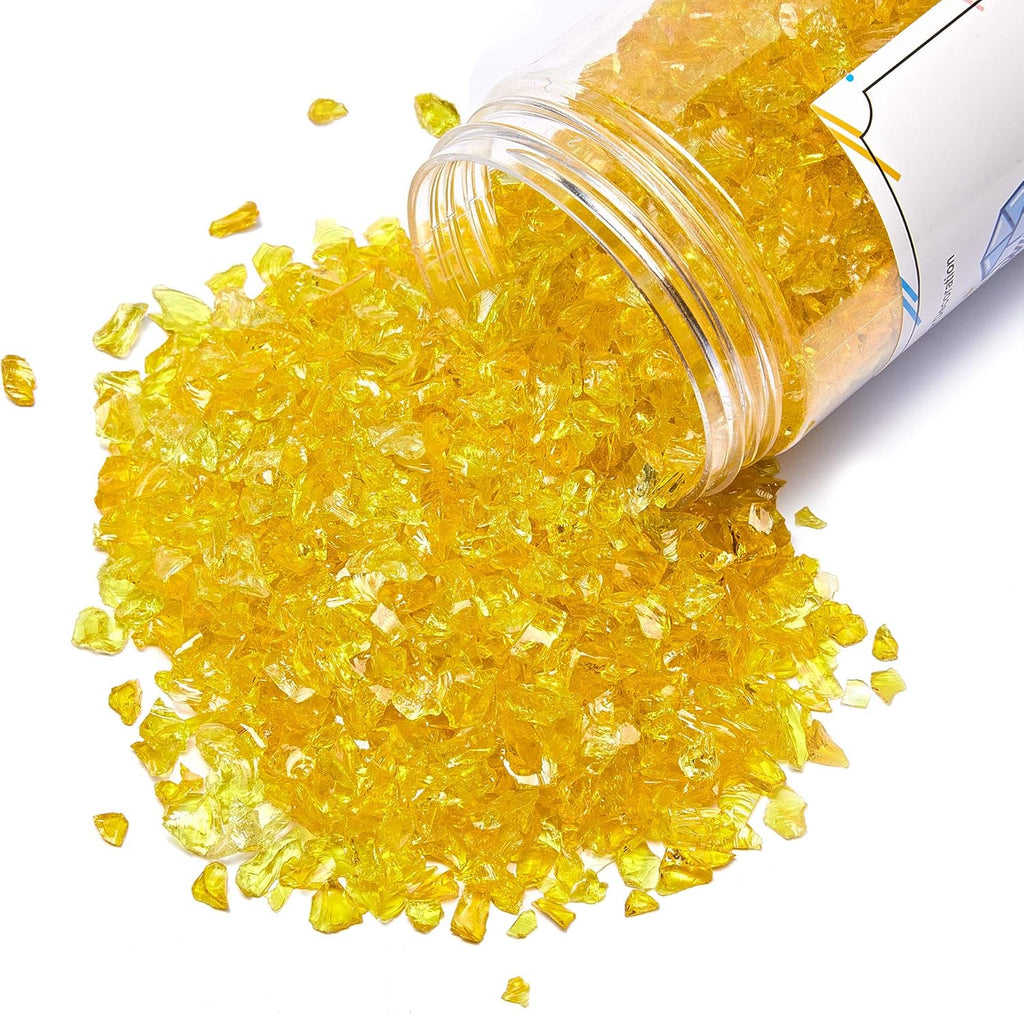 TWINKLING High Luster Fire Glass Gravel Stone Glitter,Broken Glass,Fire Gems Chips,Crushed Glass for Fire Pit Crafts Resin Art Aquarium Garden Decoration,3-6mm,1-Pound Jar (Yellow)