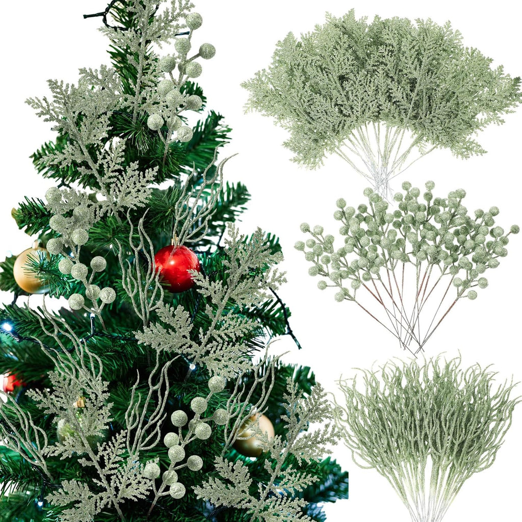 75 Pcs Christmas Glitter Branches 3 Styles Artificial Christmas Picks Berries Stems Pine Needles Floral Twig Spray for Xmas Tree Ornaments DIY Wreath Garland(Light Green)