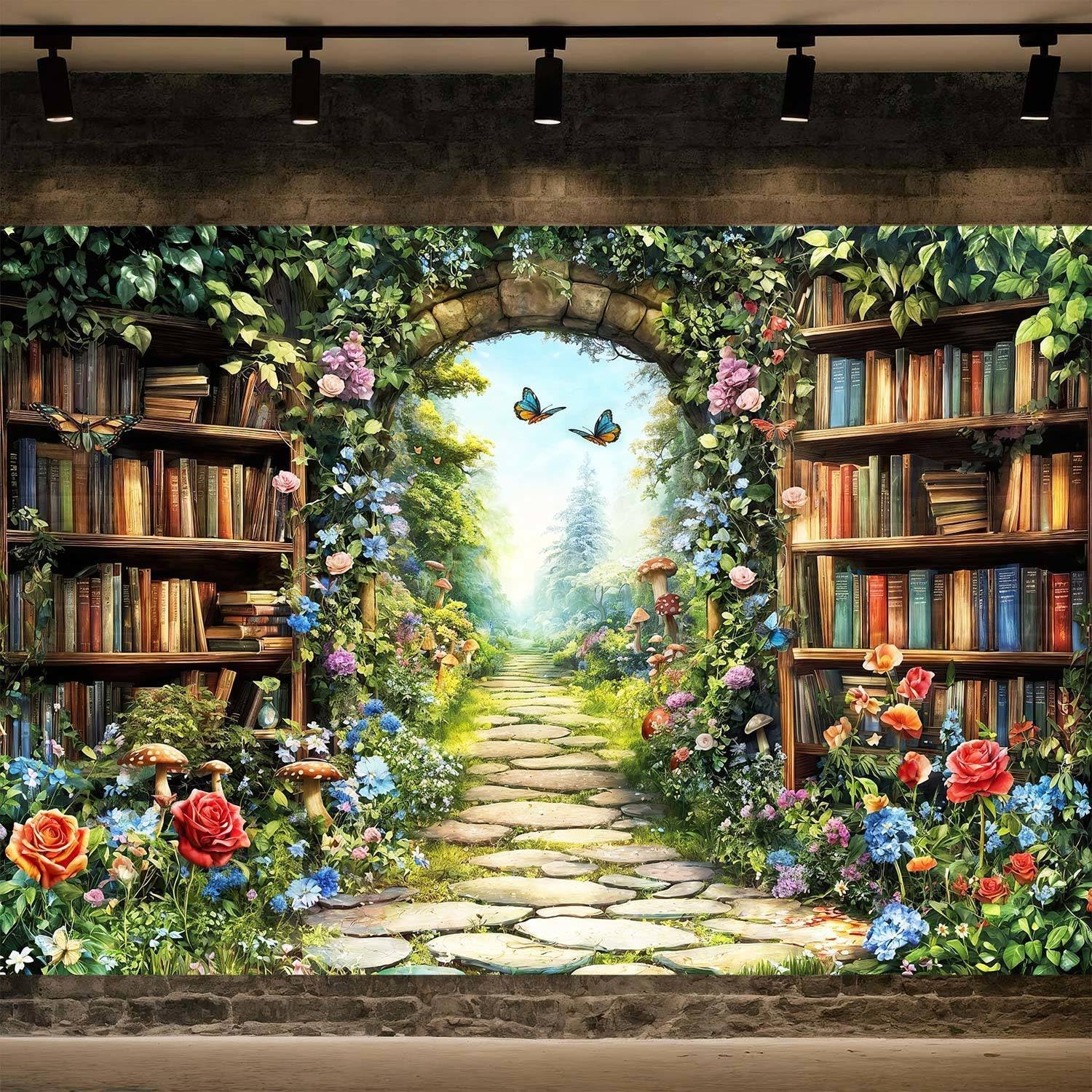 12X8ft Fairy Forest Wonderland Photography Backdrop Enchanted Library Garden Path with Floral Plants Butterflies Nature Magic Photo Studio Props for Birthday Baby Shower Party Decor