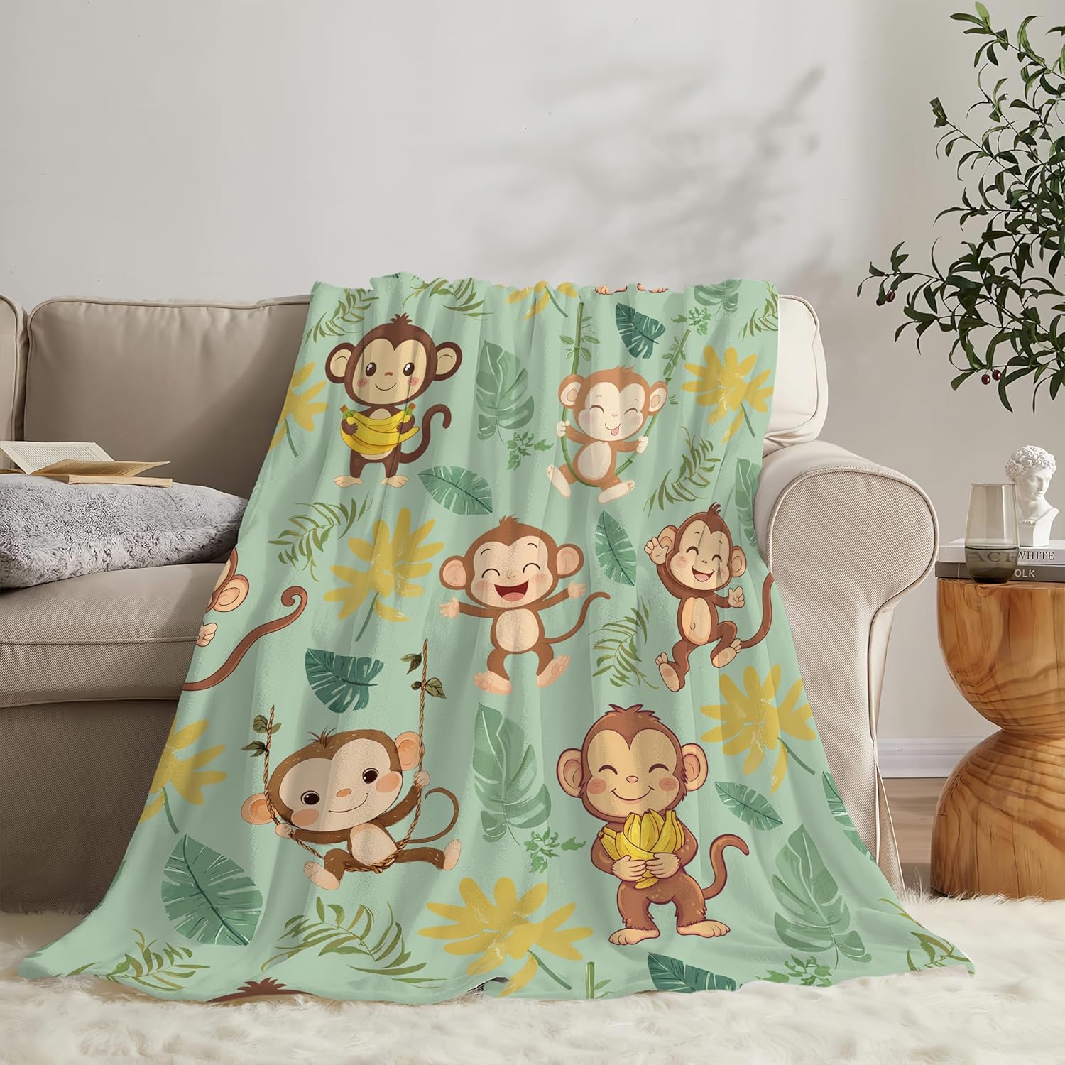 Monkey Blanket Cute Cartoon Monkey Throw Blanket Gifts for Monkey Lovers Girls Boys Kids Women Men Adults Super Soft Cozy Plush Fluffy Fuzzy Fleece Blanket Home Decor 60''X80''