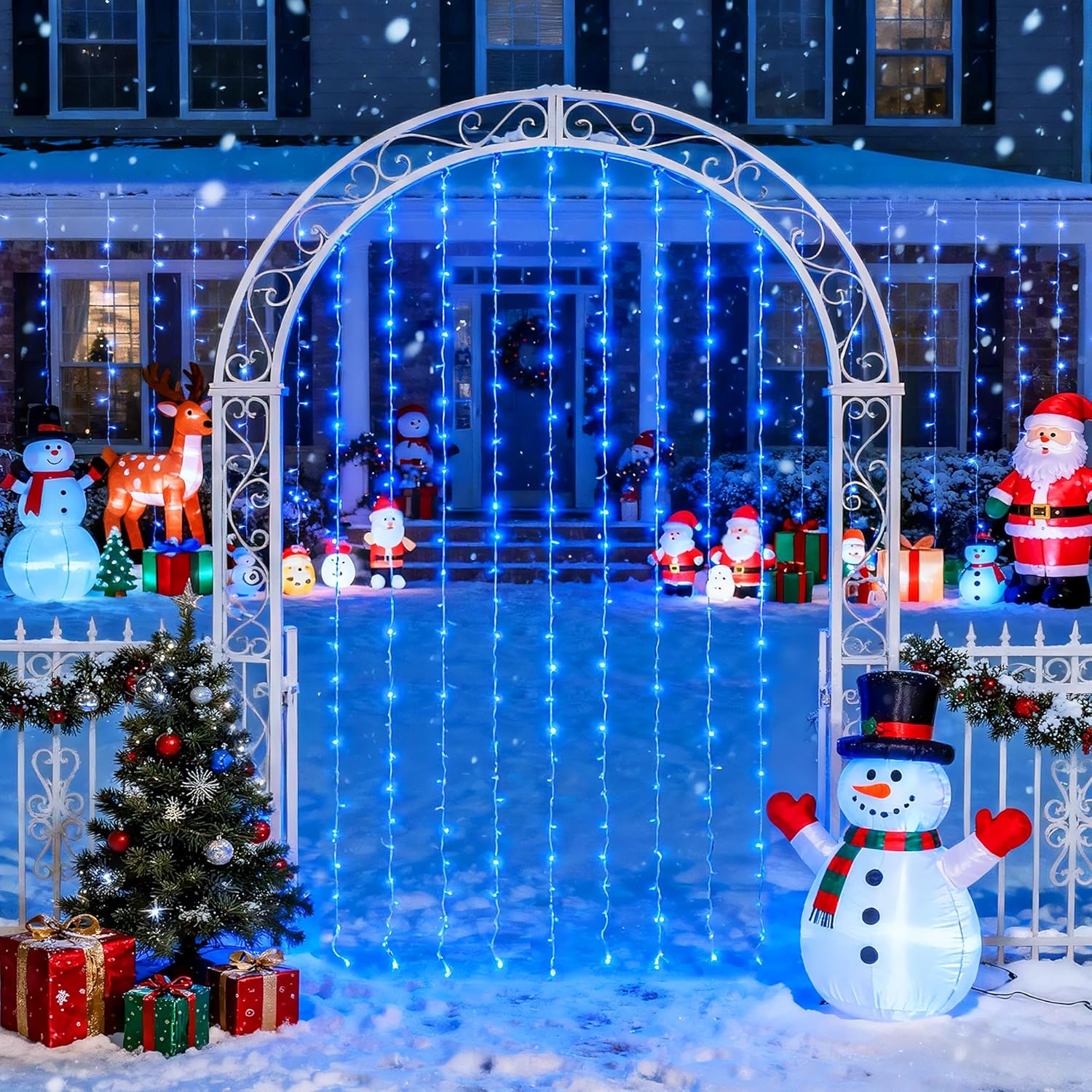 JMEXSUSS 300LED Christmas Curtain Lights, Blue Christmas Lights with Remote, Blue String Lights for Bedroom Wall Window Backdrop Garden Indoor Outdoor Patio Yard Porch Decorations, 9.8x9.8ft