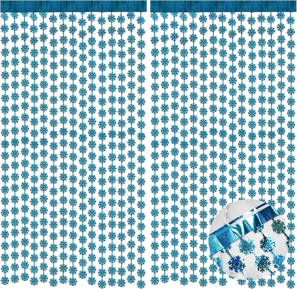 BRAVESHINE Blue Party Snowflake Backdrop - 2 Pack Hanging Foil Fringe Snow Flakes Party Streamers Curtain for Christmas Winter-Themed Frozen Birthday Baby Shower Holiday New Year Party Decorations