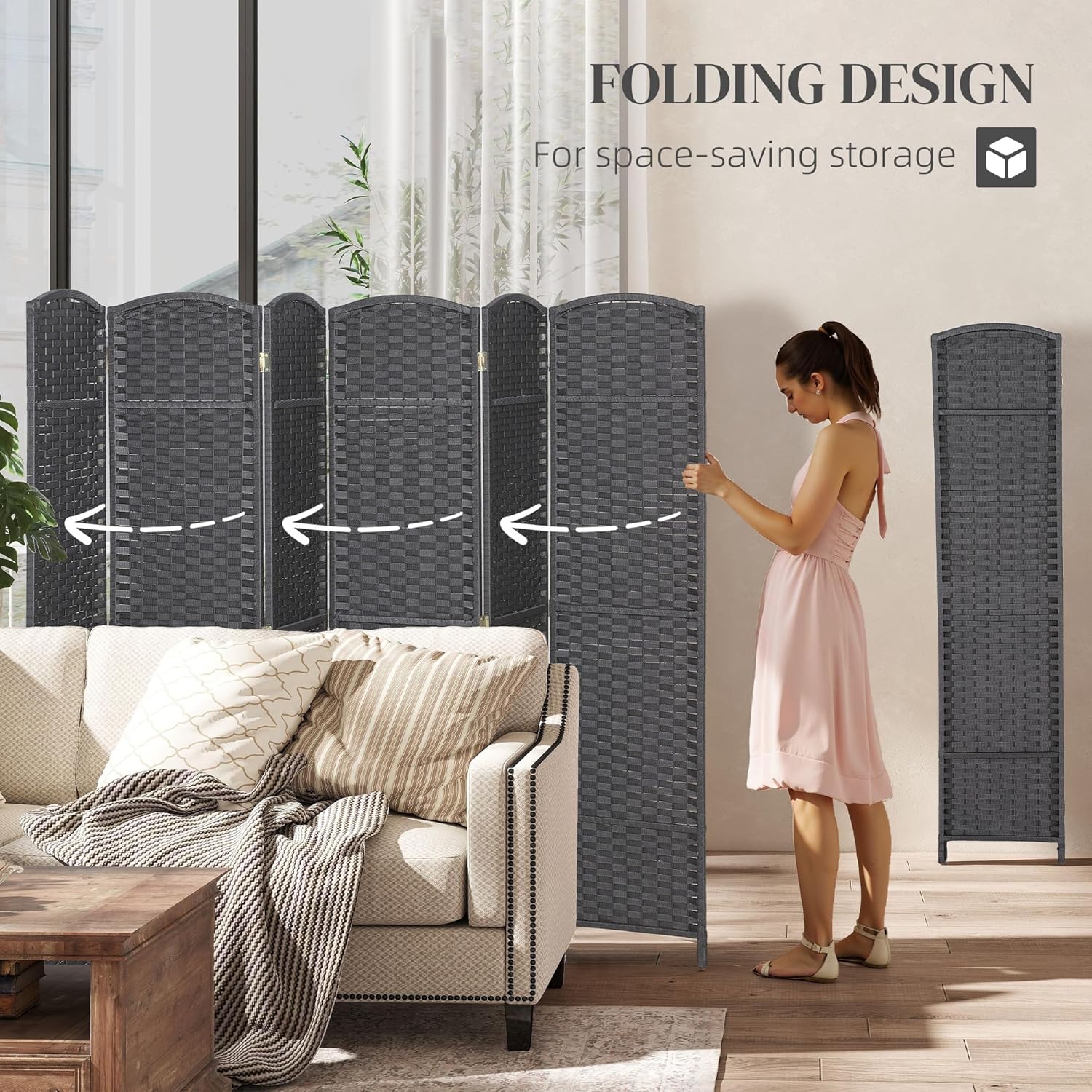 HOMCOM Room Divider, 6 Panel Folding Privacy Screen, 5.6' Tall Freestanding Wall Partition for Home Office, Bedroom, Charcoal Gray