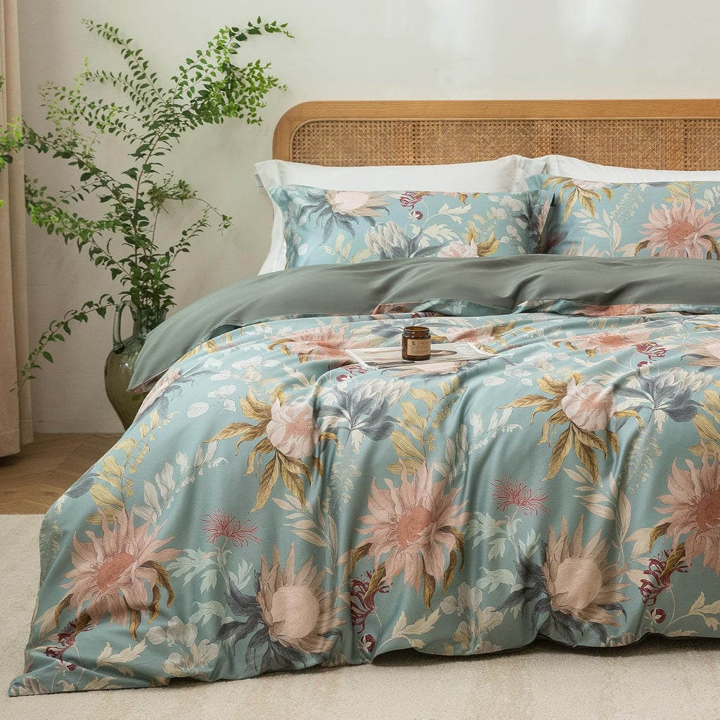 MILDLY Full Size Duvet Cover Set 100% Long-Staple Cotton Luxury Vintage Floral Patten Reversible Comforter Cover Set 3Pcs