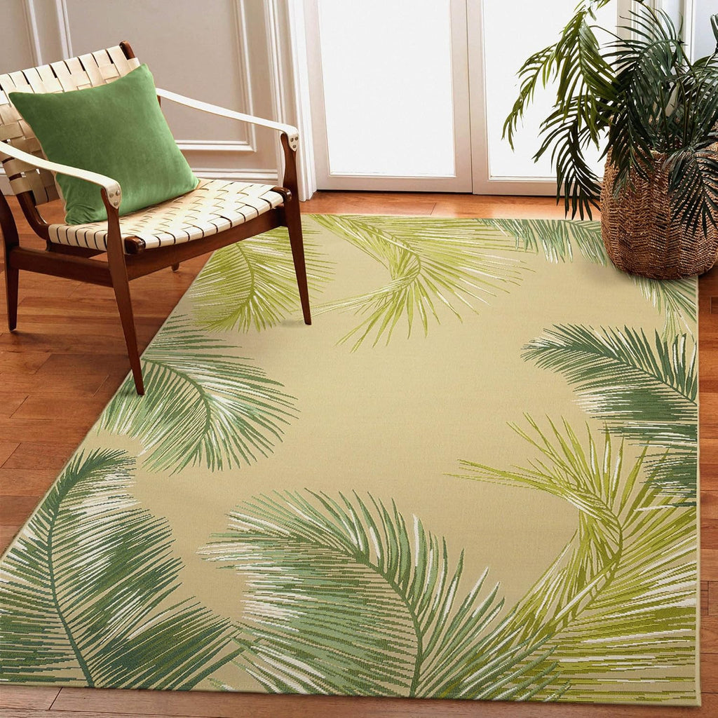 Liora Manne Marina Indoor/Outdoor Power Loomed Synthetic Blend Low Profile Area Rug - Transitional Border Botanical Beach Colorful (Palm Border Sisal) (4'10" x 7'6")