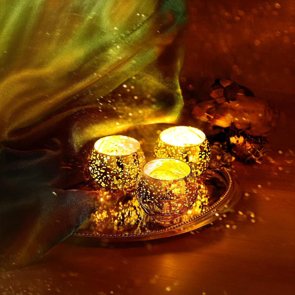 WGVI 24 Pcs Gold Speckled Glass Tea Light Votive Candle Holders, Width 3", Height 2.5", Small Globe Bubble Bowl Round Vase, Mercury Votive Tabletop Décor